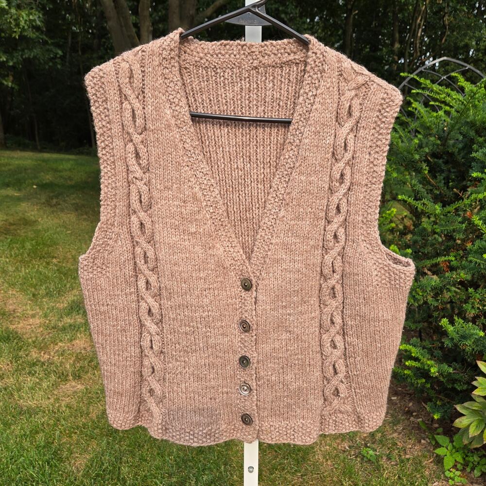 Handmade Tan Knit Wool Sweater Button Vest Cable Preppy Acadamia Unisex Sm/Med
